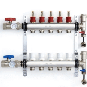 6 Loop Stainless Steel Radiant Heat Manifold Set With 1/2″ PEX Adapters